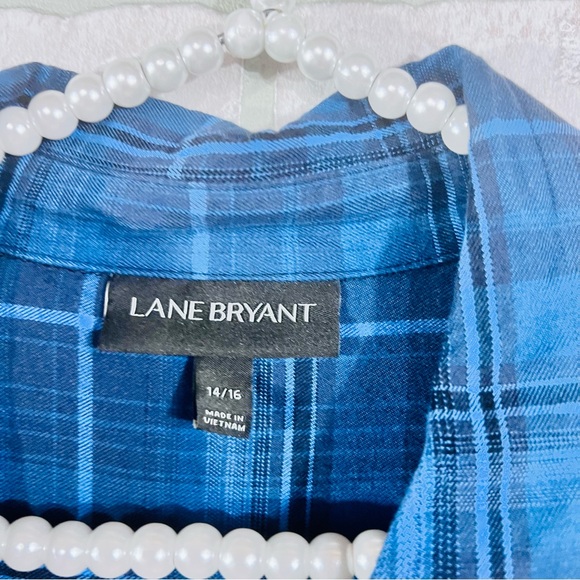 Lane Bryant Blue Plaid Button Down Lace Detail Roll Tab Sleeve Shirt Size 14/16 - Picture 8 of 10